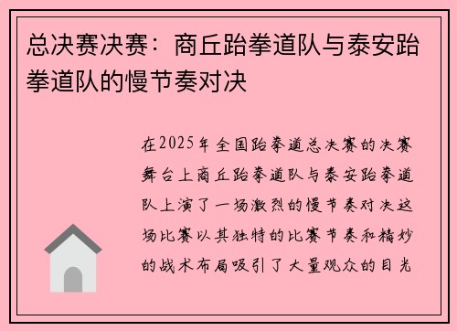 总决赛决赛：商丘跆拳道队与泰安跆拳道队的慢节奏对决